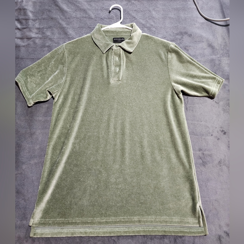 Goodlife polo style shirt olive green velour / velvet feel,  size medium